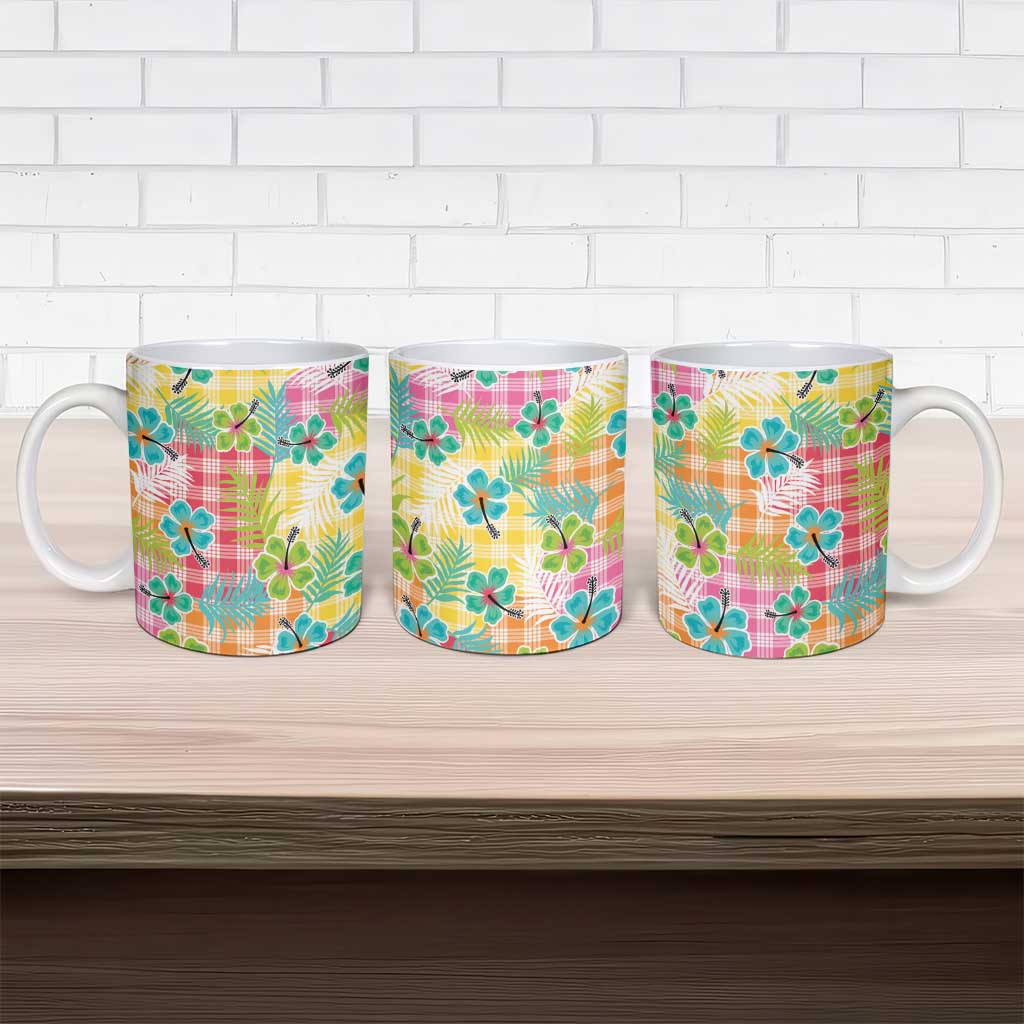 Hawaiian Palaka Ceramic Mug Hibiscus Palm Leaf Pattern - Polynesian Pride
