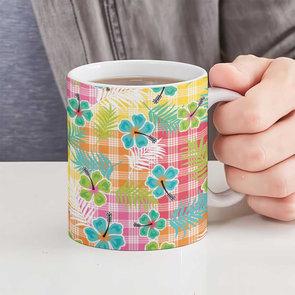 Hawaiian Palaka Ceramic Mug Hibiscus Palm Leaf Pattern - Polynesian Pride