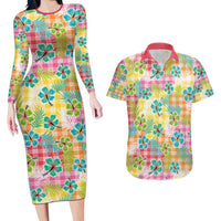 Hawaiian Palaka Couples Matching Long Sleeve Bodycon Dress and Hawaiian Shirt Hibiscus Palm Leaf Pattern - Polynesian Pride