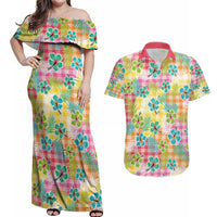 Hawaiian Palaka Couples Matching Off Shoulder Maxi Dress and Hawaiian Shirt Hibiscus Palm Leaf Pattern - Polynesian Pride