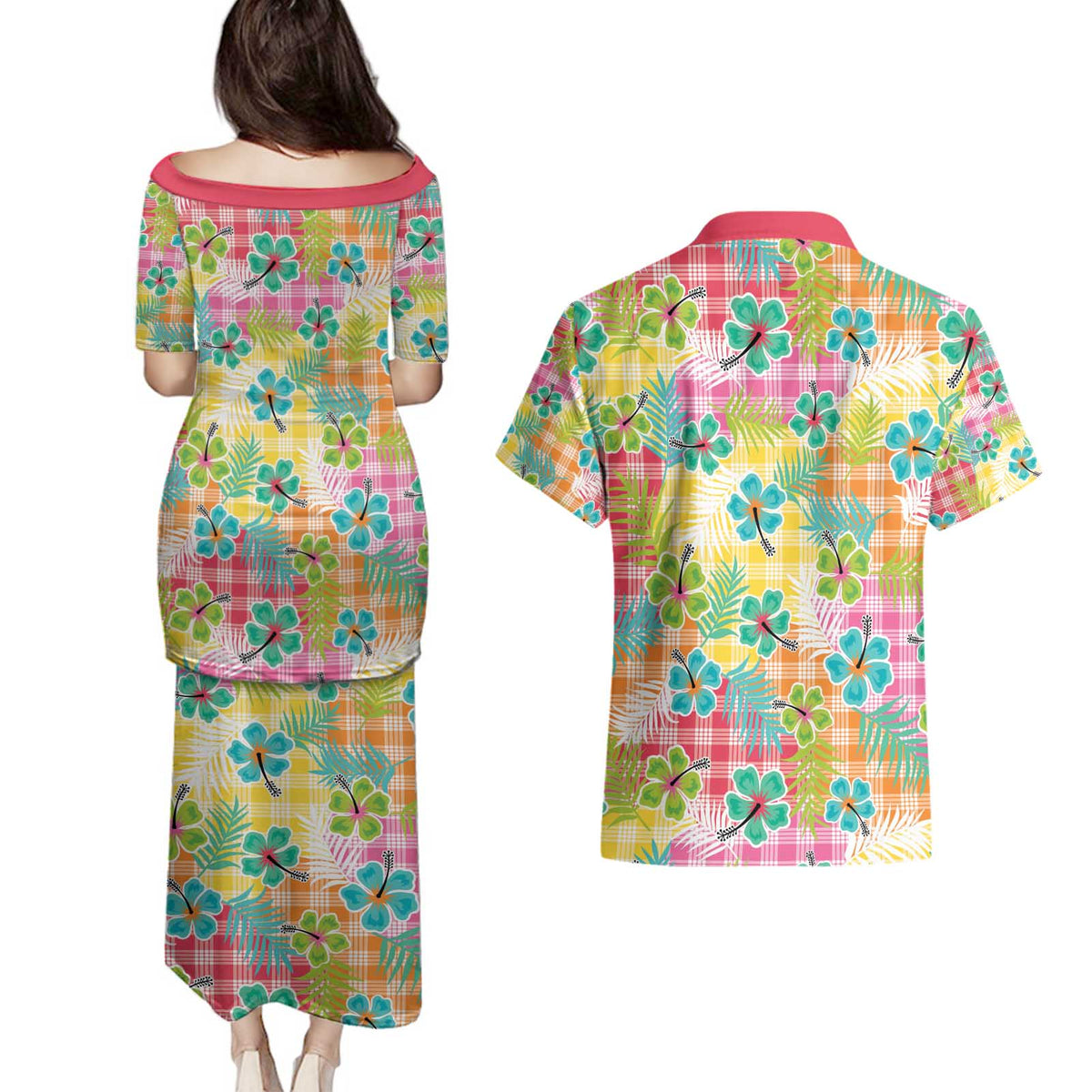 Hawaiian Palaka Couples Matching Puletasi and Hawaiian Shirt Hibiscus Palm Leaf Pattern - Polynesian Pride