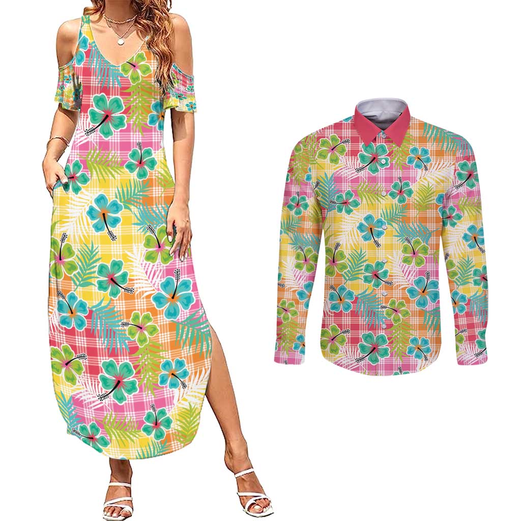 Hawaiian Palaka Couples Matching Summer Maxi Dress and Long Sleeve Button Shirt Hibiscus Palm Leaf Pattern - Polynesian Pride