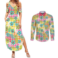 Hawaiian Palaka Couples Matching Summer Maxi Dress and Long Sleeve Button Shirt Hibiscus Palm Leaf Pattern - Polynesian Pride