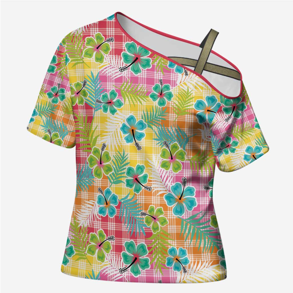 Hawaiian Palaka Cross Shoulder Shirt Hibiscus Palm Leaf Pattern - Polynesian Pride