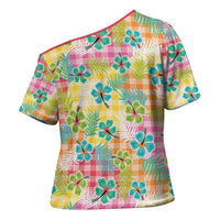 Hawaiian Palaka Cross Shoulder Shirt Hibiscus Palm Leaf Pattern - Polynesian Pride