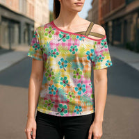 Hawaiian Palaka Cross Shoulder Shirt Hibiscus Palm Leaf Pattern - Polynesian Pride