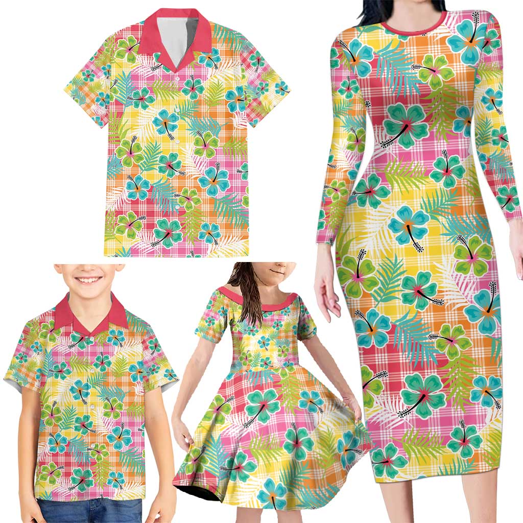 Hawaiian Palaka Family Matching Long Sleeve Bodycon Dress and Hawaiian Shirt Hibiscus Palm Leaf Pattern - Polynesian Pride