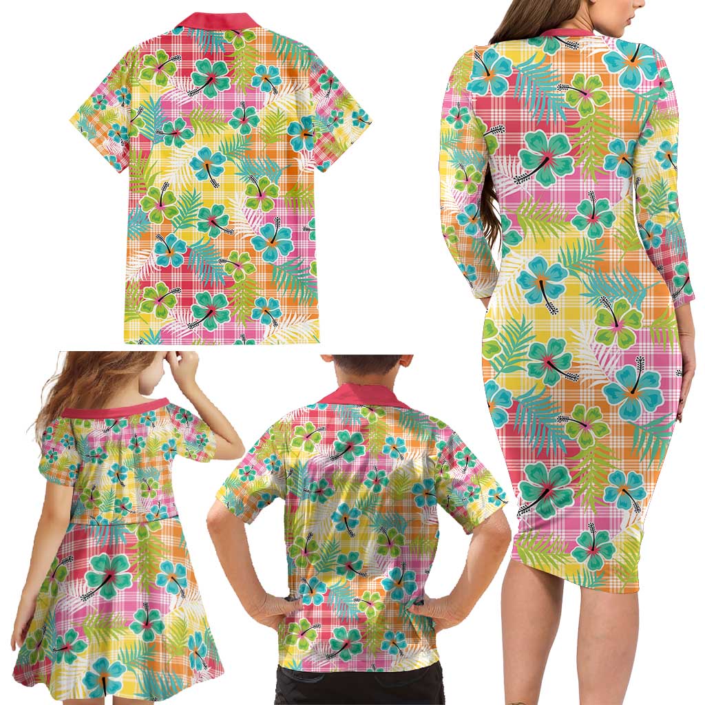 Hawaiian Palaka Family Matching Long Sleeve Bodycon Dress and Hawaiian Shirt Hibiscus Palm Leaf Pattern - Polynesian Pride