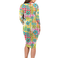 Hawaiian Palaka Family Matching Long Sleeve Bodycon Dress and Hawaiian Shirt Hibiscus Palm Leaf Pattern - Polynesian Pride