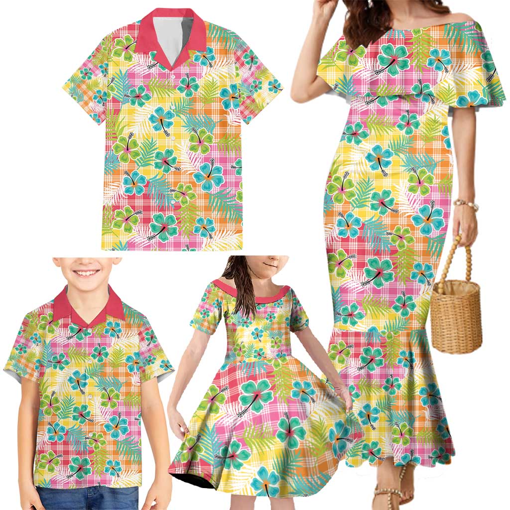 Hawaiian Palaka Family Matching Mermaid Dress and Hawaiian Shirt Hibiscus Palm Leaf Pattern - Polynesian Pride