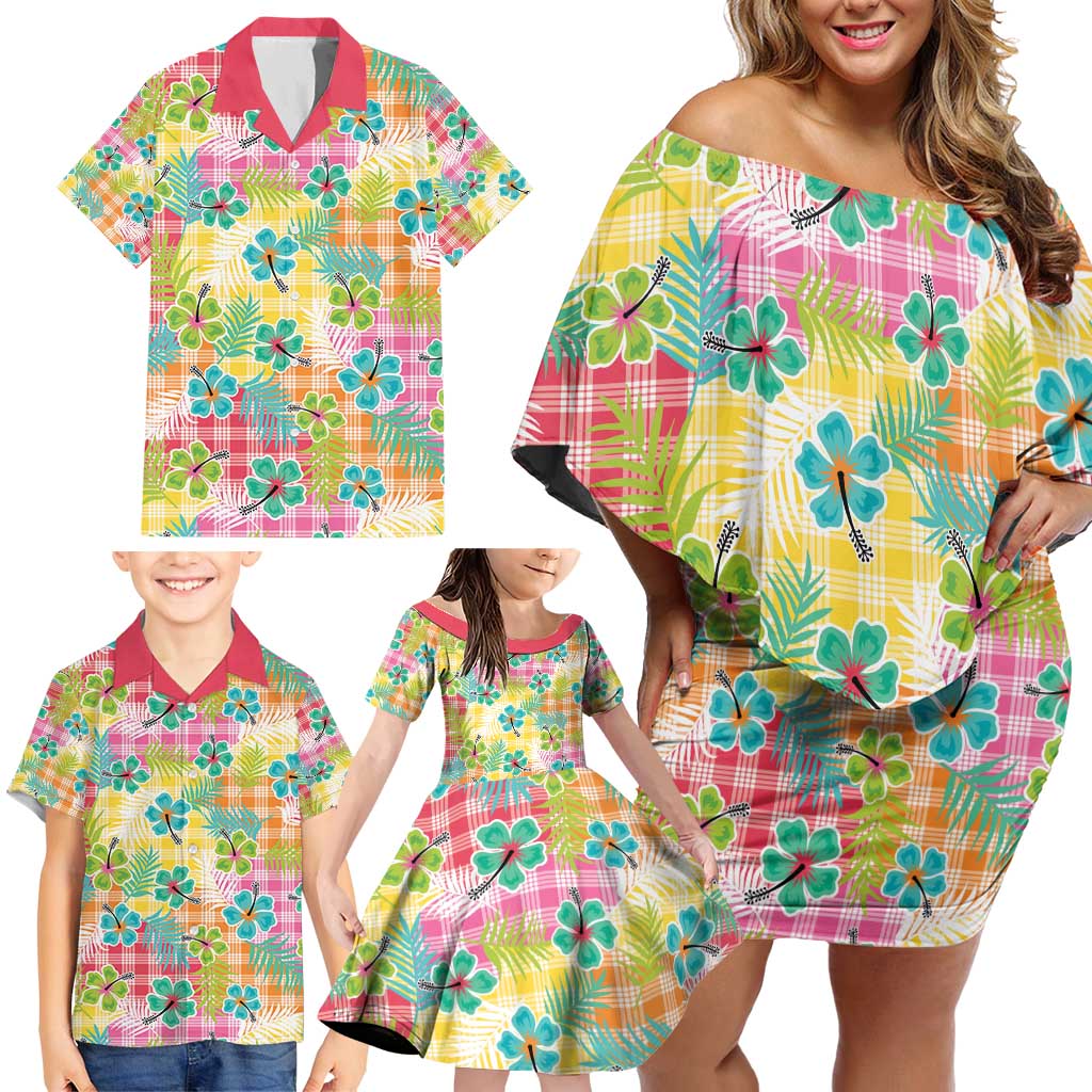 Hawaiian Palaka Family Matching Off Shoulder Short Dress and Hawaiian Shirt Hibiscus Palm Leaf Pattern - Polynesian Pride