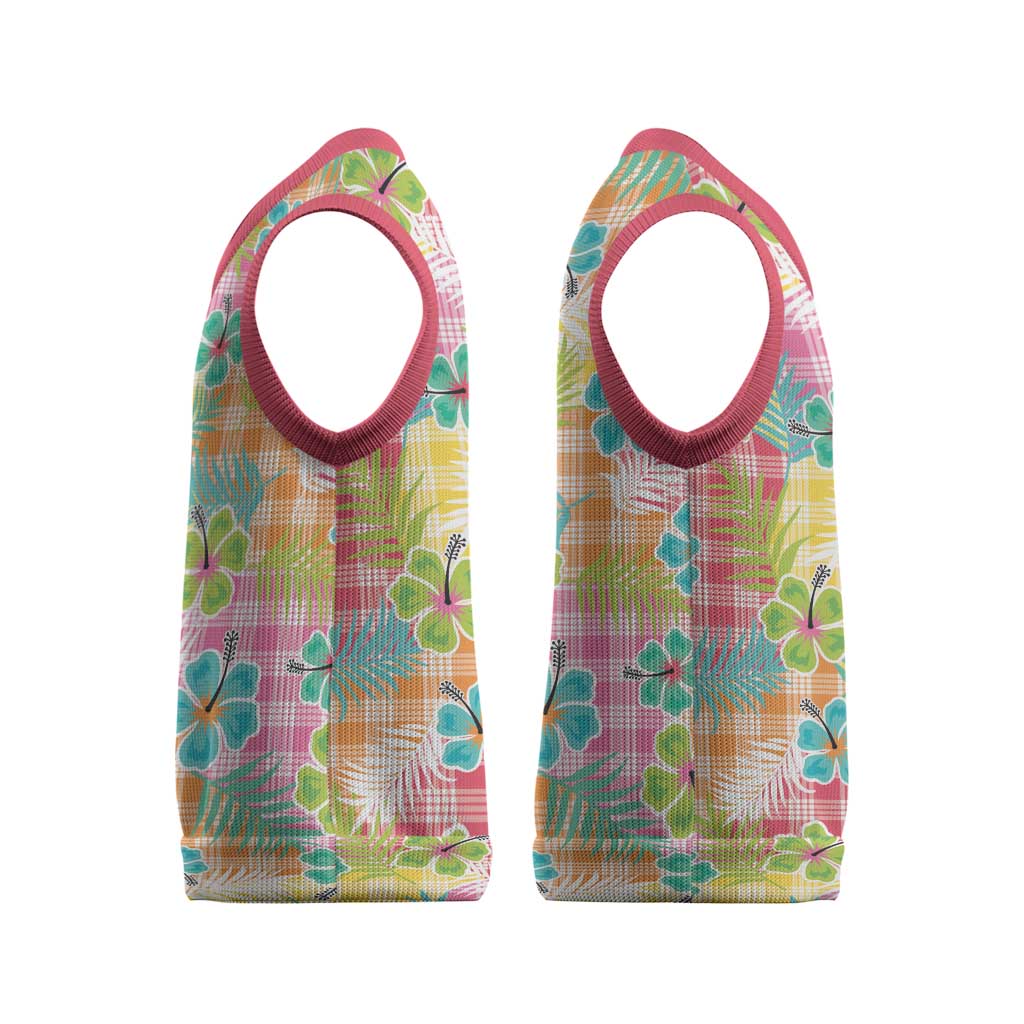 Hawaiian Palaka Christmas Knitted V-Neck Vest Hibiscus Palm Leaf Pattern - Polynesian Pride