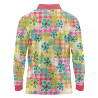 Hawaiian Palaka Long Sleeve Polo Shirt Hibiscus Palm Leaf Pattern - Polynesian Pride