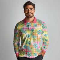 Hawaiian Palaka Long Sleeve Polo Shirt Hibiscus Palm Leaf Pattern - Polynesian Pride