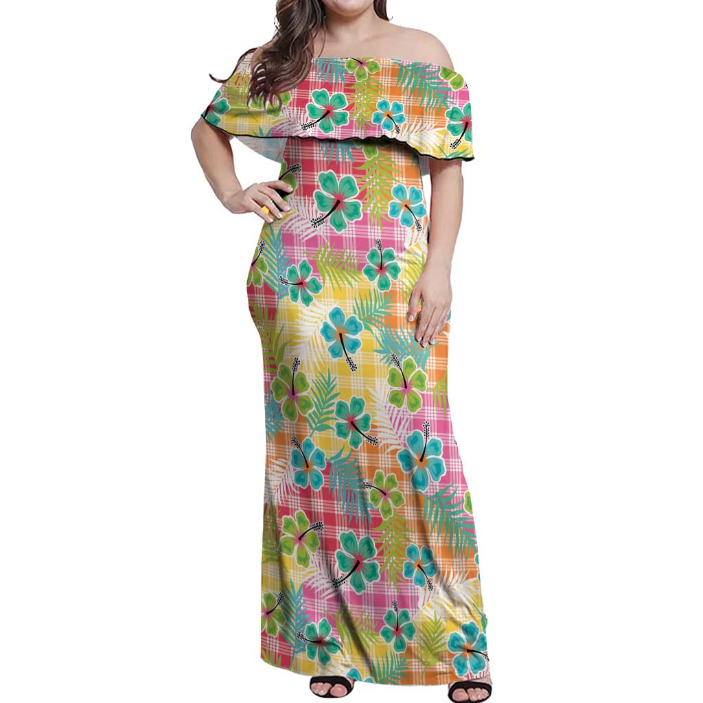 Hawaiian Palaka Off Shoulder Maxi Dress Hibiscus Palm Leaf Pattern - Polynesian Pride