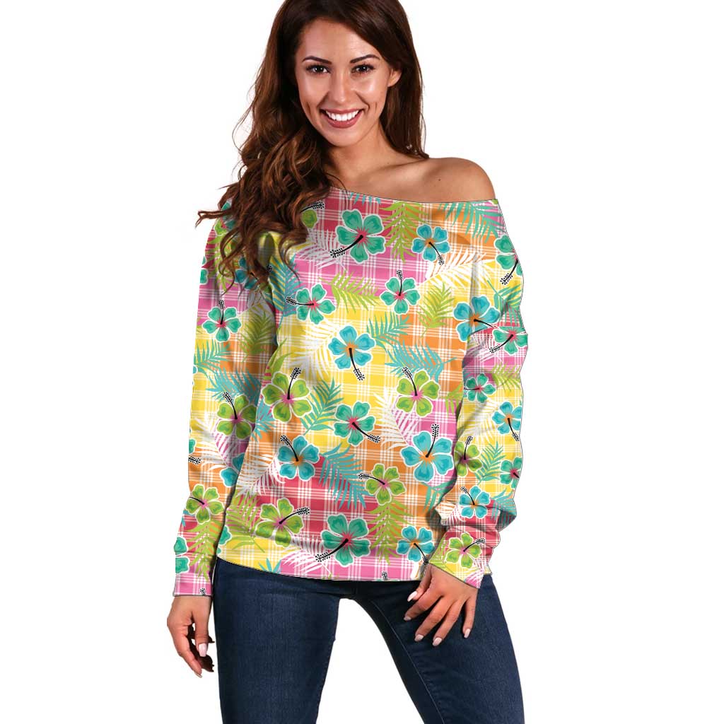 Hawaiian Palaka Off Shoulder Sweater Hibiscus Palm Leaf Pattern - Polynesian Pride