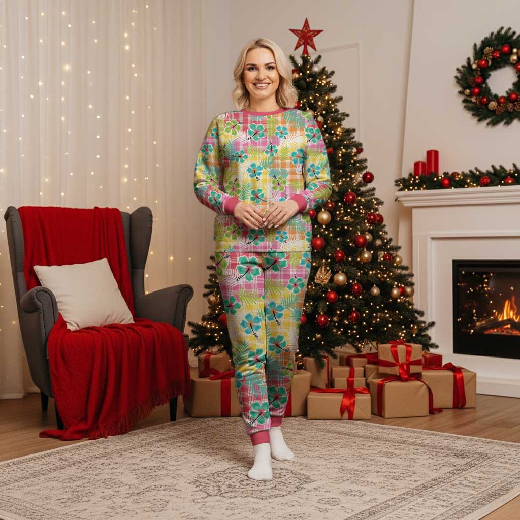 Hawaiian Palaka Christmas Pajama Set Hibiscus Palm Leaf Pattern - Polynesian Pride