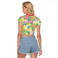 Hawaiian Palaka Raglan Cropped T Shirt Hibiscus Palm Leaf Pattern - Polynesian Pride