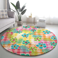 Hawaiian Palaka Round Carpet Hibiscus Palm Leaf Pattern - Polynesian Pride