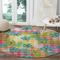 Hawaiian Palaka Round Carpet Hibiscus Palm Leaf Pattern - Polynesian Pride