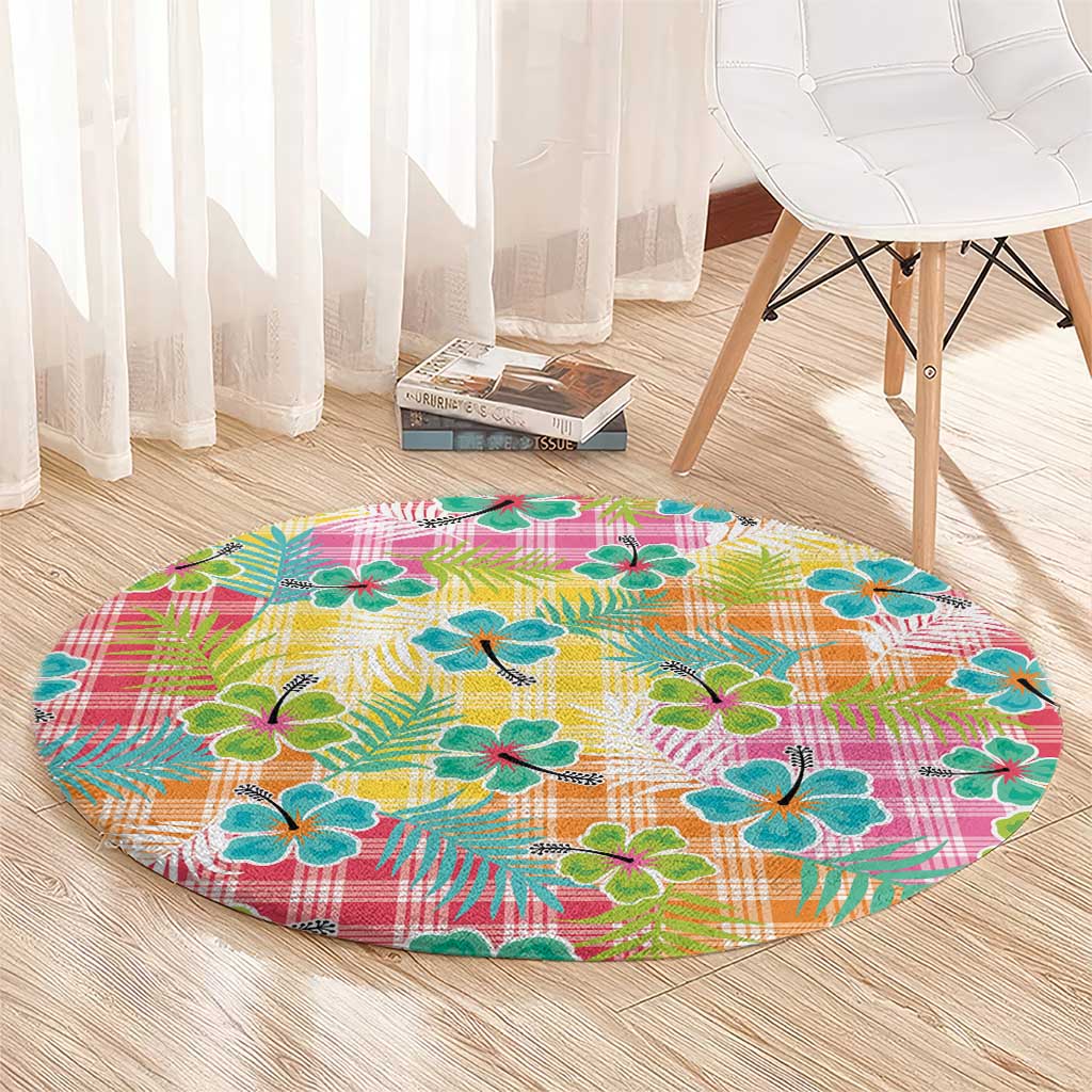 Hawaiian Palaka Round Carpet Hibiscus Palm Leaf Pattern - Polynesian Pride