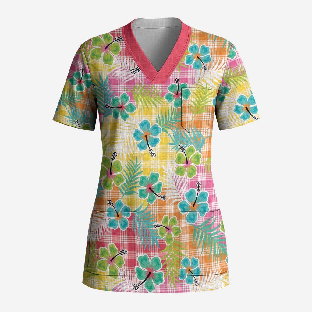 Hawaiian Palaka Scrub Top Hibiscus Palm Leaf Pattern - Polynesian Pride