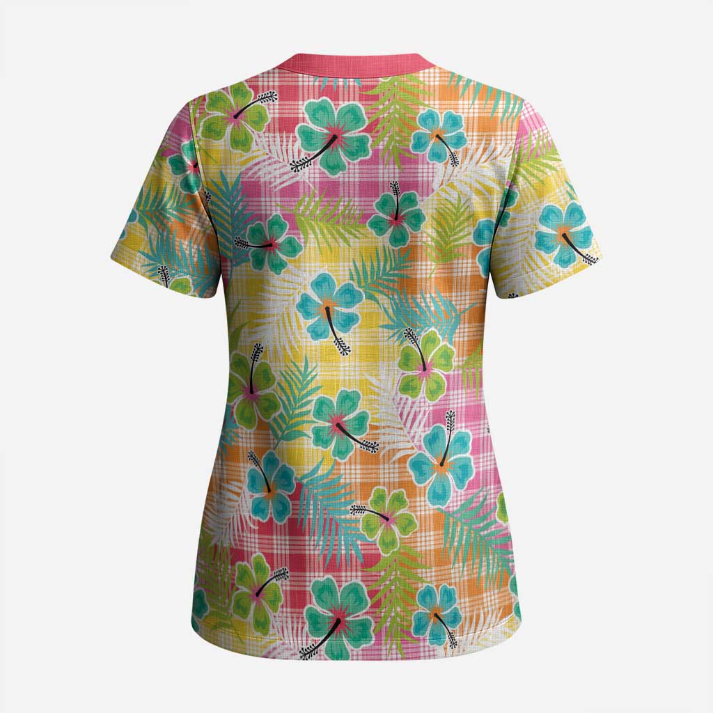 Hawaiian Palaka Scrub Top Hibiscus Palm Leaf Pattern - Polynesian Pride