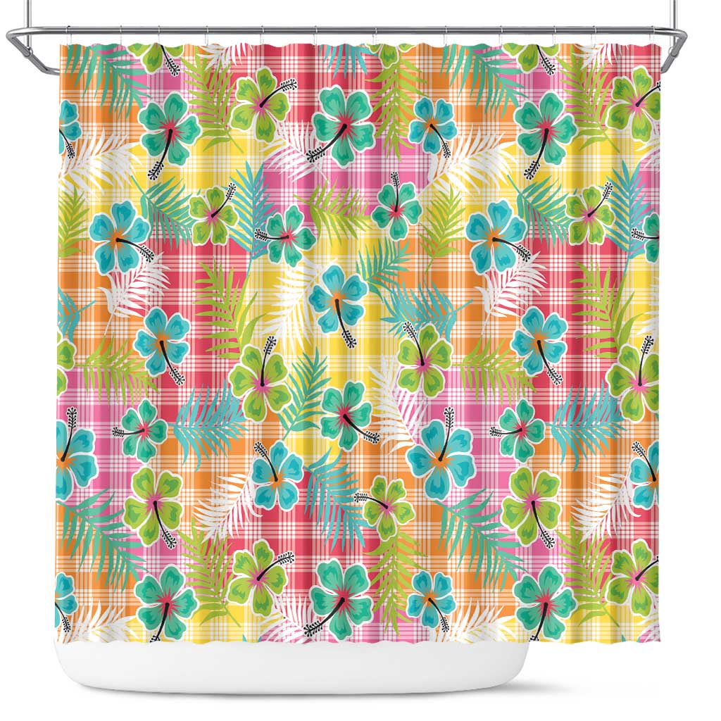 Hawaiian Palaka Shower Curtain Hibiscus Palm Leaf Pattern - Polynesian Pride