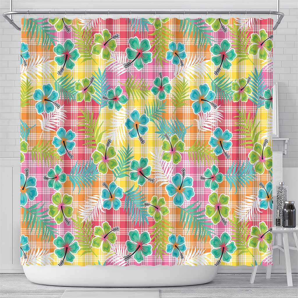 Hawaiian Palaka Shower Curtain Hibiscus Palm Leaf Pattern - Polynesian Pride