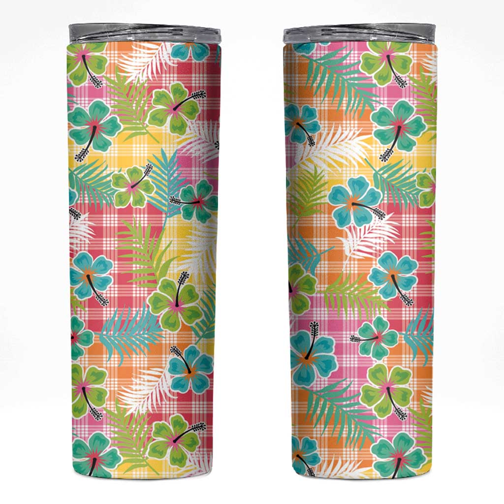 Hawaiian Palaka Skinny Tumbler Hibiscus Palm Leaf Pattern - Polynesian Pride