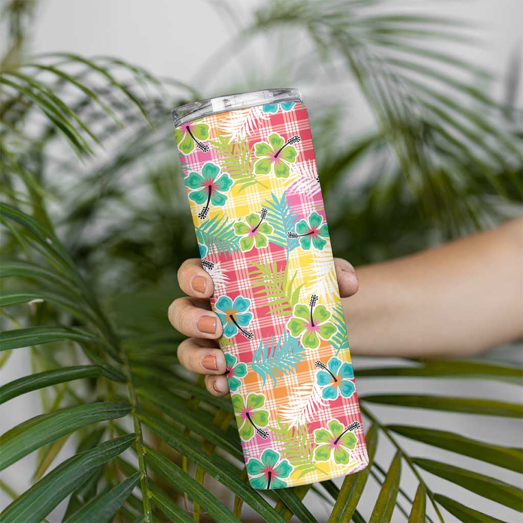Hawaiian Palaka Skinny Tumbler Hibiscus Palm Leaf Pattern - Polynesian Pride