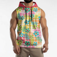 Hawaiian Palaka Sleeveless Hoodie Hibiscus Palm Leaf Pattern - Polynesian Pride