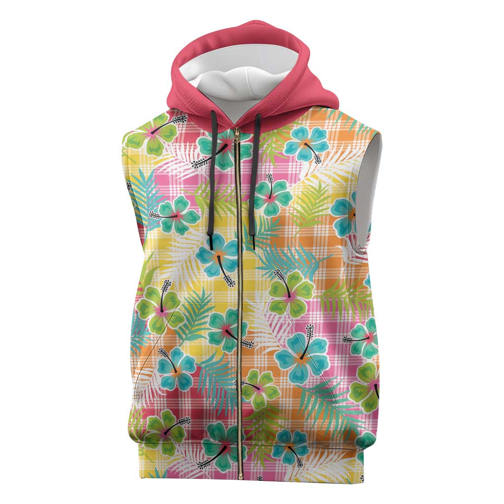 Hawaiian Palaka Sleeveless Zip Hoodie Hibiscus Palm Leaf Pattern - Polynesian Pride