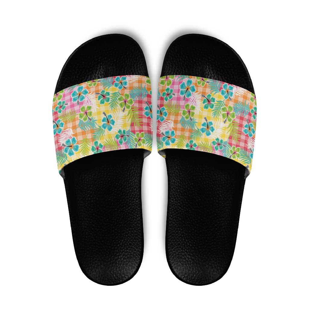 Hawaiian Palaka Slide Sandals Hibiscus Palm Leaf Pattern - Polynesian Pride