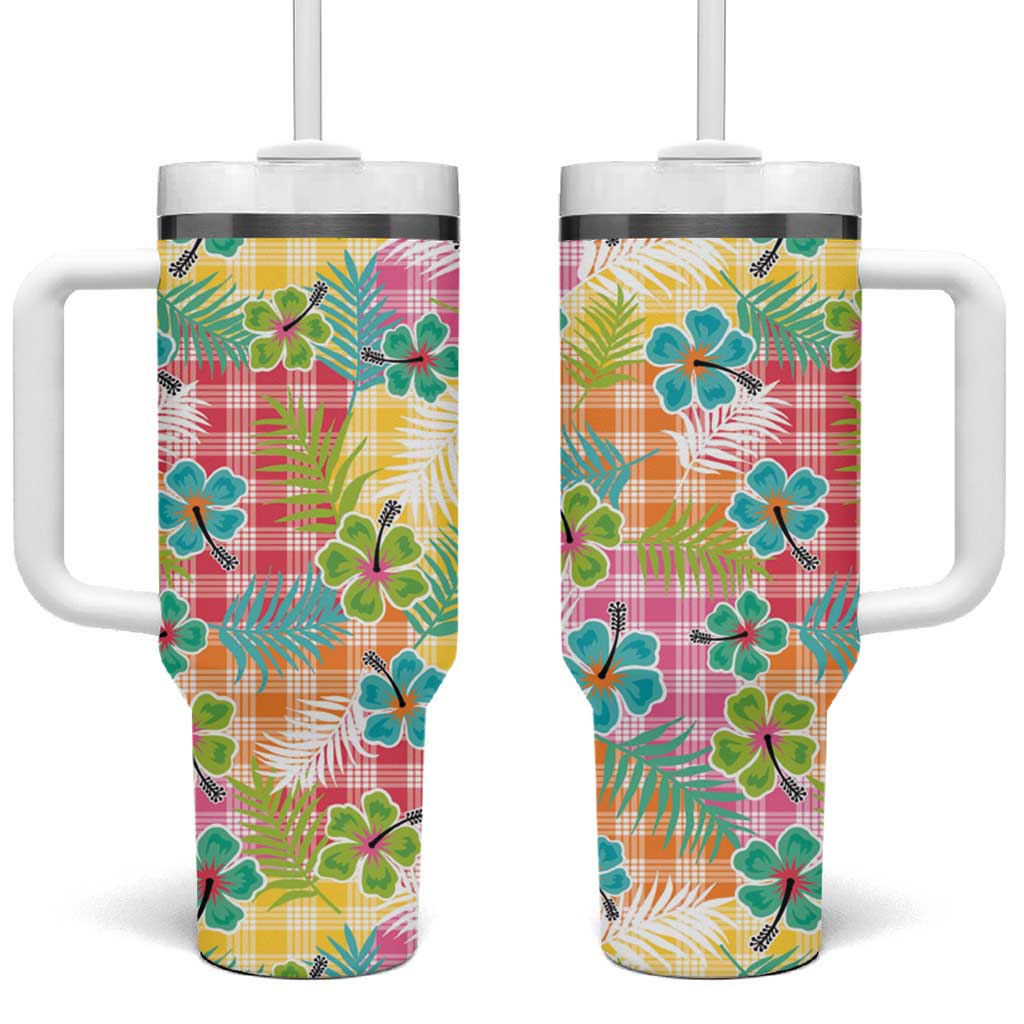Hawaiian Palaka Tumbler With Handle Hibiscus Palm Leaf Pattern - Polynesian Pride