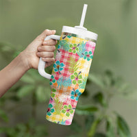 Hawaiian Palaka Tumbler With Handle Hibiscus Palm Leaf Pattern - Polynesian Pride