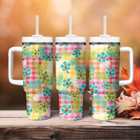 Hawaiian Palaka Tumbler With Handle Hibiscus Palm Leaf Pattern - Polynesian Pride