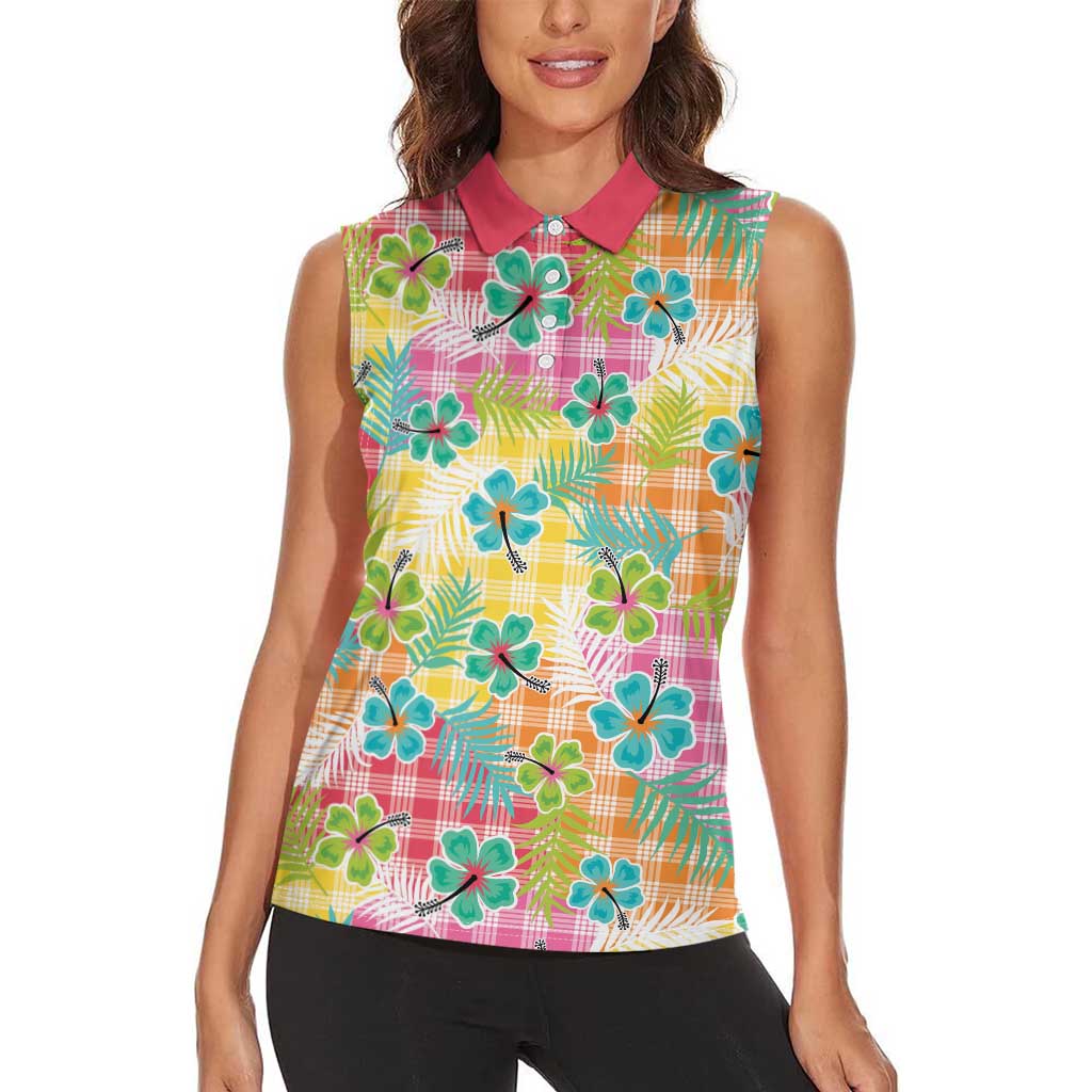 Hawaiian Palaka Women Sleeveless Polo Shirt Hibiscus Palm Leaf Pattern - Polynesian Pride