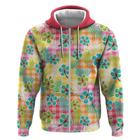 Hawaiian Palaka Zip Hoodie Hibiscus Palm Leaf Pattern - Polynesian Pride