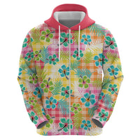 Hawaiian Palaka Zip Hoodie Hibiscus Palm Leaf Pattern - Polynesian Pride