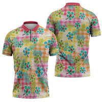 Hawaiian Palaka Zipper Polo Shirt Hibiscus Palm Leaf Pattern - Polynesian Pride