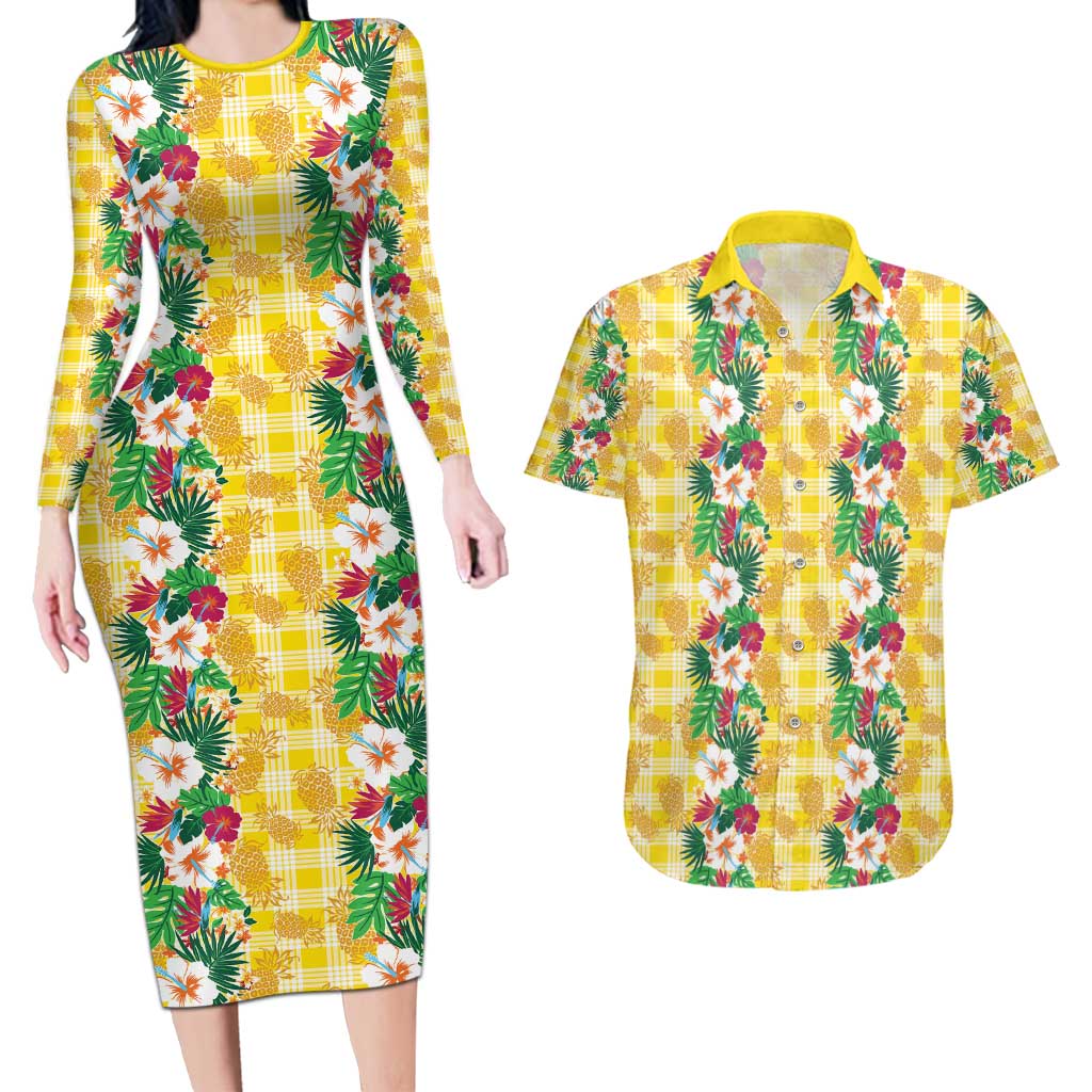 Hawaiian Palaka Couples Matching Long Sleeve Bodycon Dress and Hawaiian Shirt Hibiscus Pineapple Lei - Polynesian Pride