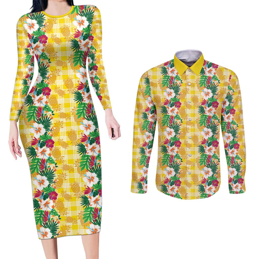Hawaiian Palaka Couples Matching Long Sleeve Bodycon Dress and Long Sleeve Button Shirt Hibiscus Pineapple Lei - Polynesian Pride