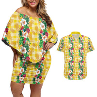 Hawaiian Palaka Couples Matching Off Shoulder Short Dress and Hawaiian Shirt Hibiscus Pineapple Lei - Polynesian Pride