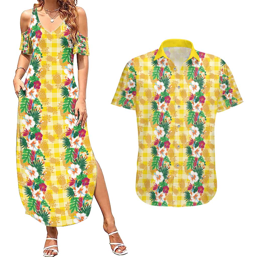 Hawaiian Palaka Couples Matching Summer Maxi Dress and Hawaiian Shirt Hibiscus Pineapple Lei - Polynesian Pride