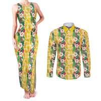 Hawaiian Palaka Couples Matching Tank Maxi Dress and Long Sleeve Button Shirt Hibiscus Pineapple Lei - Polynesian Pride