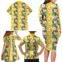 Hawaiian Palaka Family Matching Long Sleeve Bodycon Dress and Hawaiian Shirt Hibiscus Pineapple Lei - Polynesian Pride