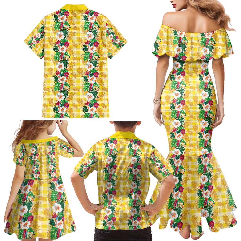 Hawaiian Palaka Family Matching Mermaid Dress and Hawaiian Shirt Hibiscus Pineapple Lei - Polynesian Pride