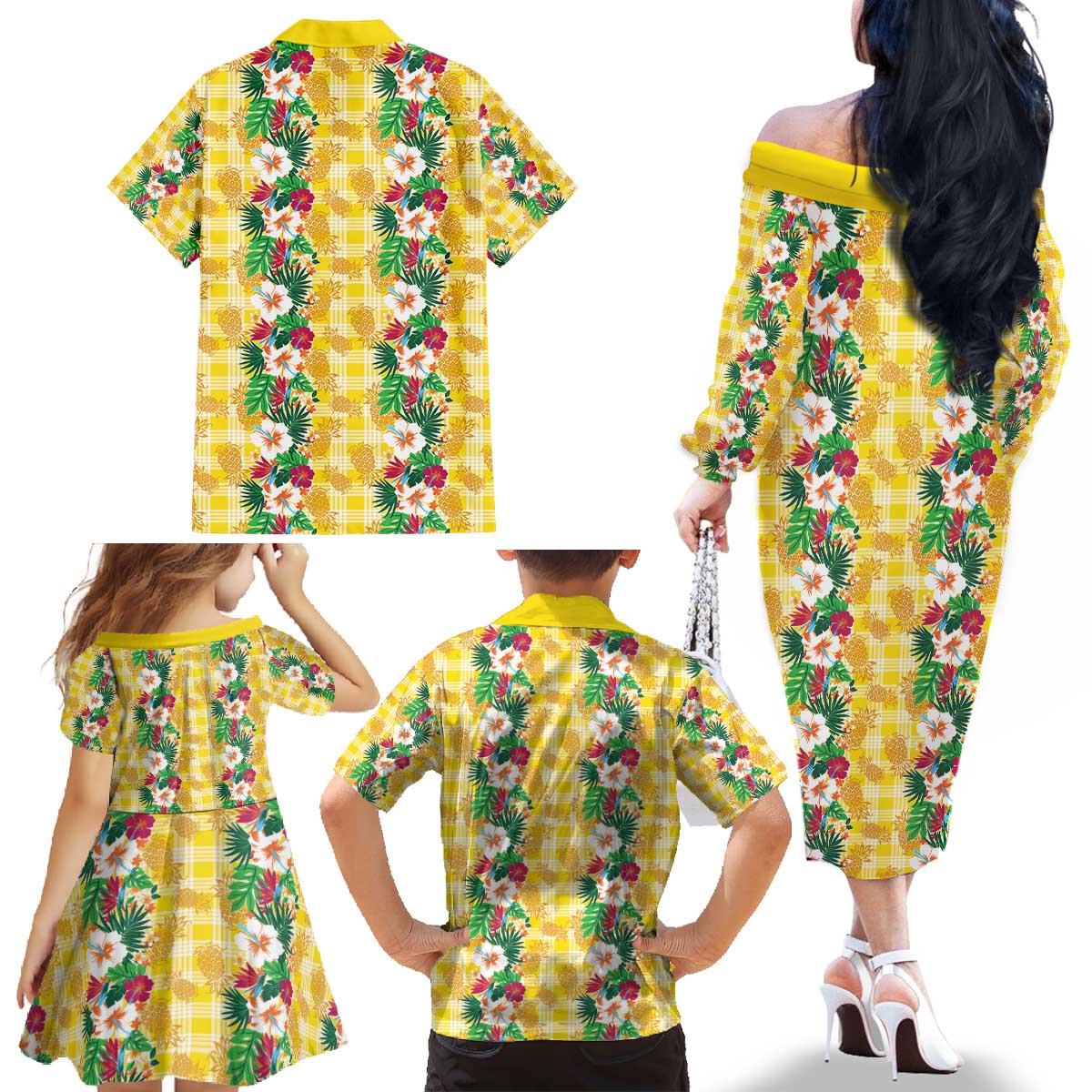 Hawaiian Palaka Family Matching Off The Shoulder Long Sleeve Dress and Hawaiian Shirt Hibiscus Pineapple Lei - Polynesian Pride