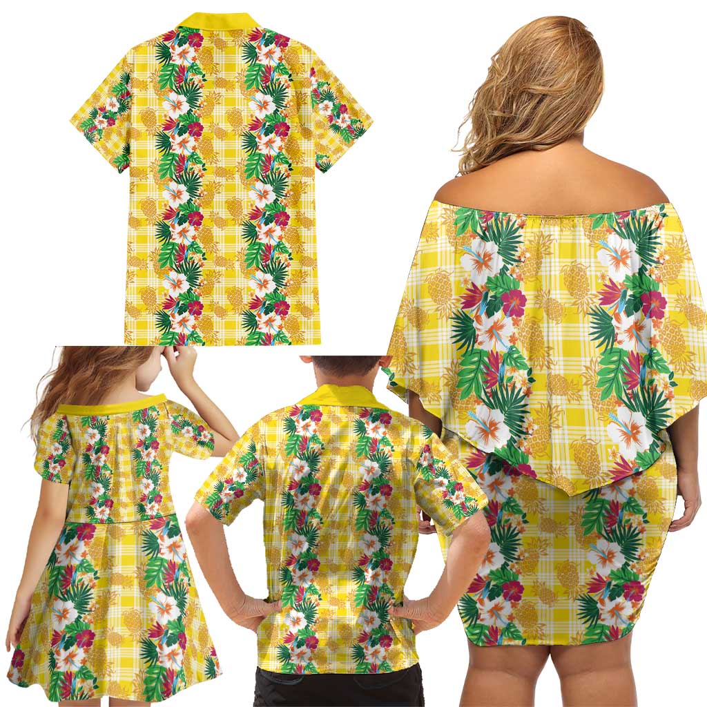 Hawaiian Palaka Family Matching Off Shoulder Short Dress and Hawaiian Shirt Hibiscus Pineapple Lei - Polynesian Pride
